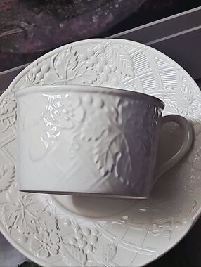 Mikasa White Embossed Cup and Saucer Set